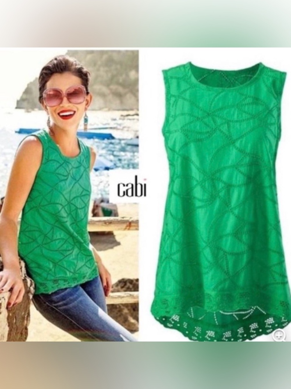 CAbi Green Gemma Eyelet Hi-low Boho Cotton Tank Top Blouse Size M
